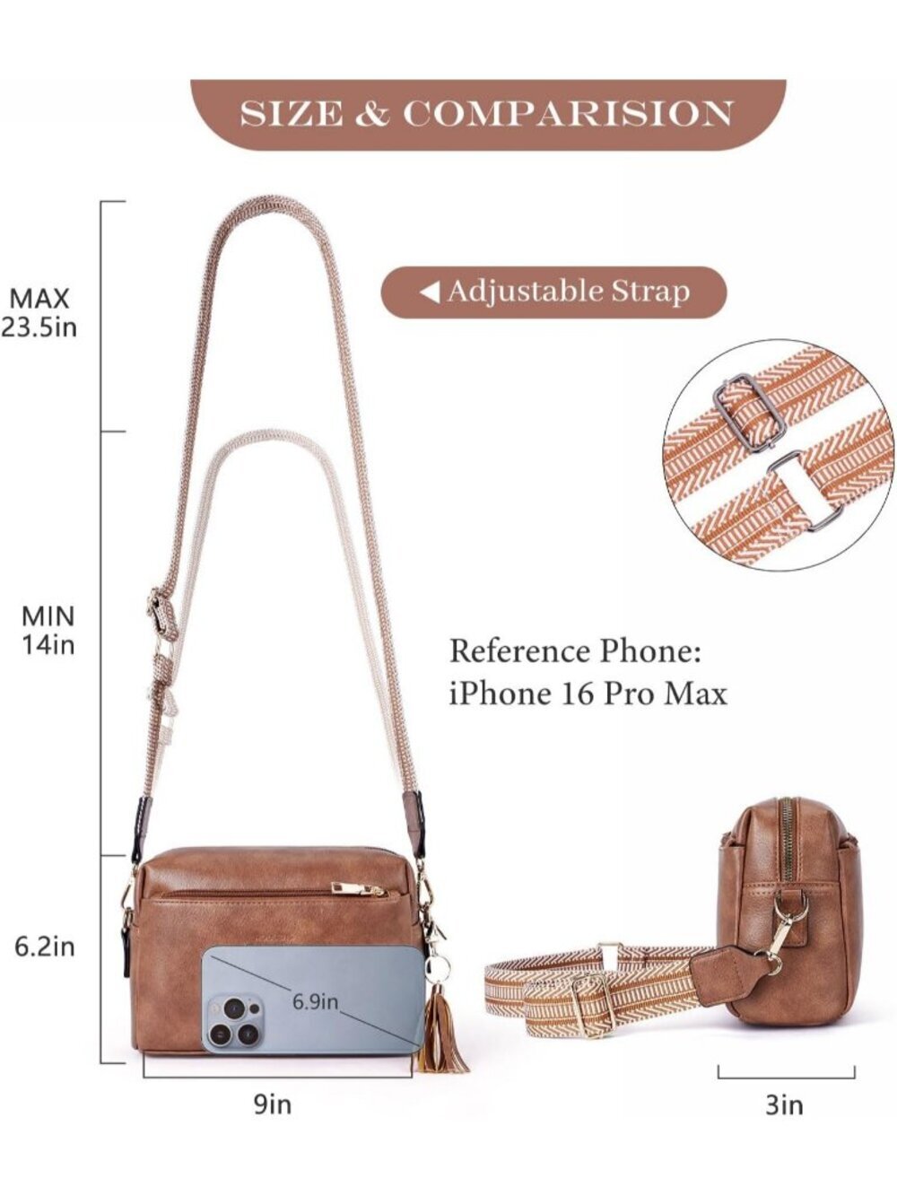 Women's Brown Leather Triple Zip Small Crossbody Bag Wallet with Card Slots - Picture 5 of 6
